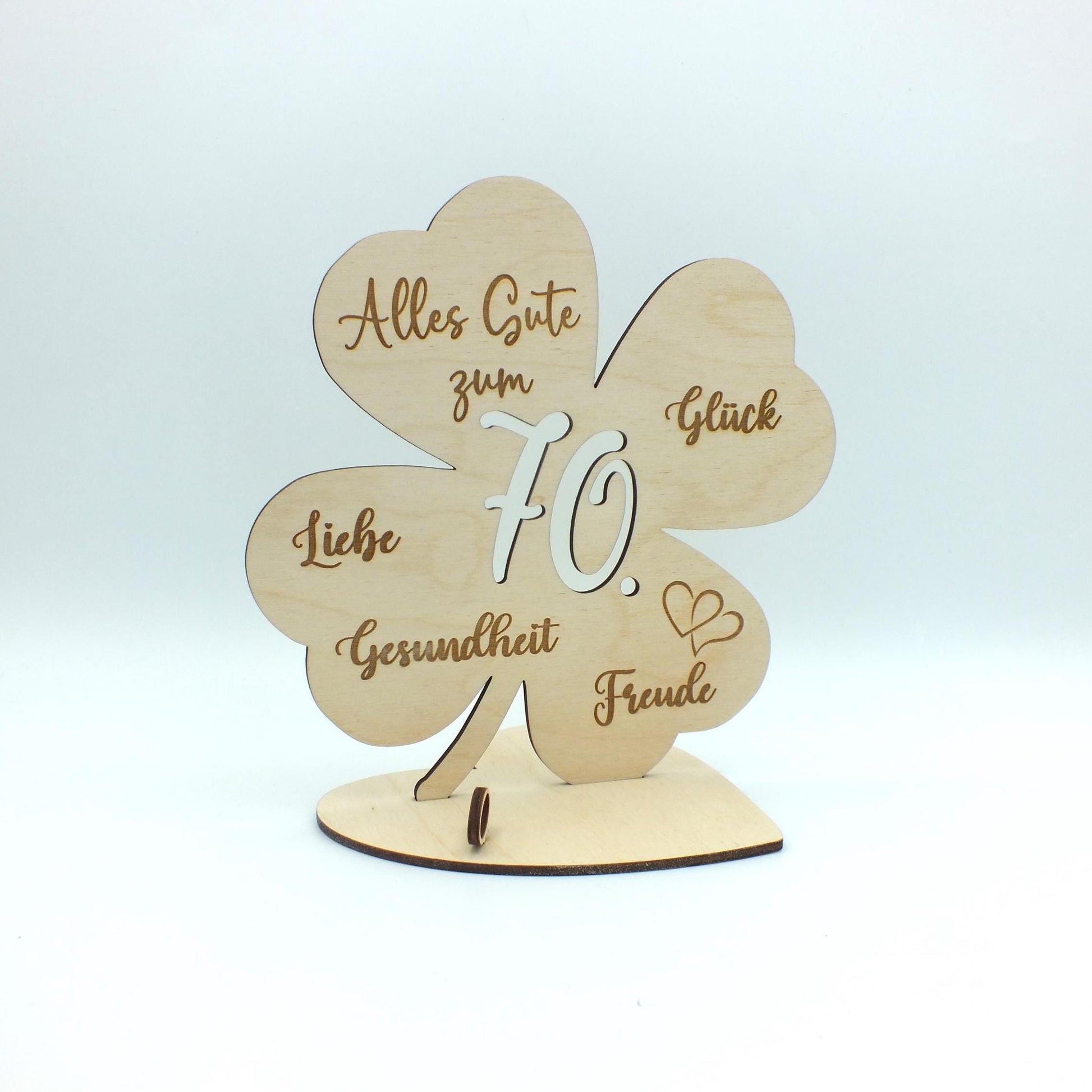 Geldgeschenk Kleeblatt Holz 70. Geburtstag, 12,5cm oder 18,0cm, Geldgeschenk auf Wunsch mit Namensgravur