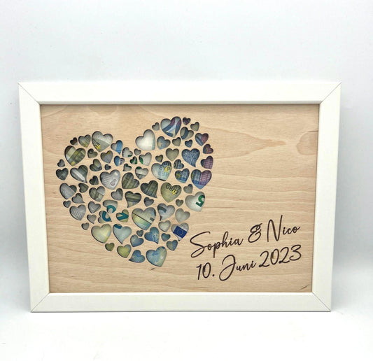 Geldgeschenk im Bilderrahmen zur Hochzeit &quot;Herz-Motiv&quot;, Größe wahlweiße 13x18cm, 21x30cm. Bilderrahmen Schwarz oder Weiß. Geld verschenken von Herzen