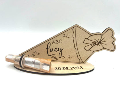 Schultüte mit Wunschname aus Holz, Geldgeschenk personalisiert aus Holz, Einschulung, Schulkind 2023, Kindergarten Verabschiedung,