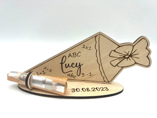 Schultüte mit Wunschname aus Holz, Geldgeschenk personalisiert aus Holz, Einschulung, Schulkind 2023, Kindergarten Verabschiedung,