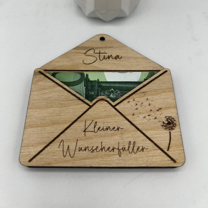 Kleiner Briefumschlag aus Holz, zum verschenken von Geld oder Gutscheinen, als Alternative zum Klassischen Umschlag, auf Wunsch auch Personalisiert mit Namen