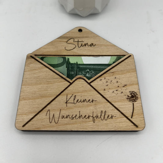 Kleiner Briefumschlag aus Holz, zum verschenken von Geld oder Gutscheinen, als Alternative zum Klassischen Umschlag, auf Wunsch auch Personalisiert mit Namen