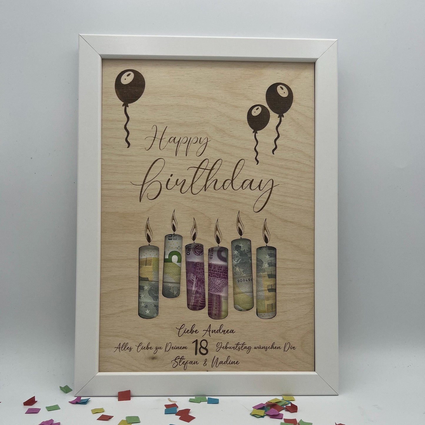 Personalisiertes Geldgeschenk zum Geburtstag, Motiv Luftballons mit Happy Birthday, Name vom Geburtstagkind & der Wünschenden sowie das Geburtstagsjahr können Graviert werden.