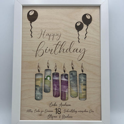 Personalisiertes Geldgeschenk zum Geburtstag, Motiv Luftballons mit Happy Birthday, Name vom Geburtstagkind & der Wünschenden sowie das Geburtstagsjahr können Graviert werden.