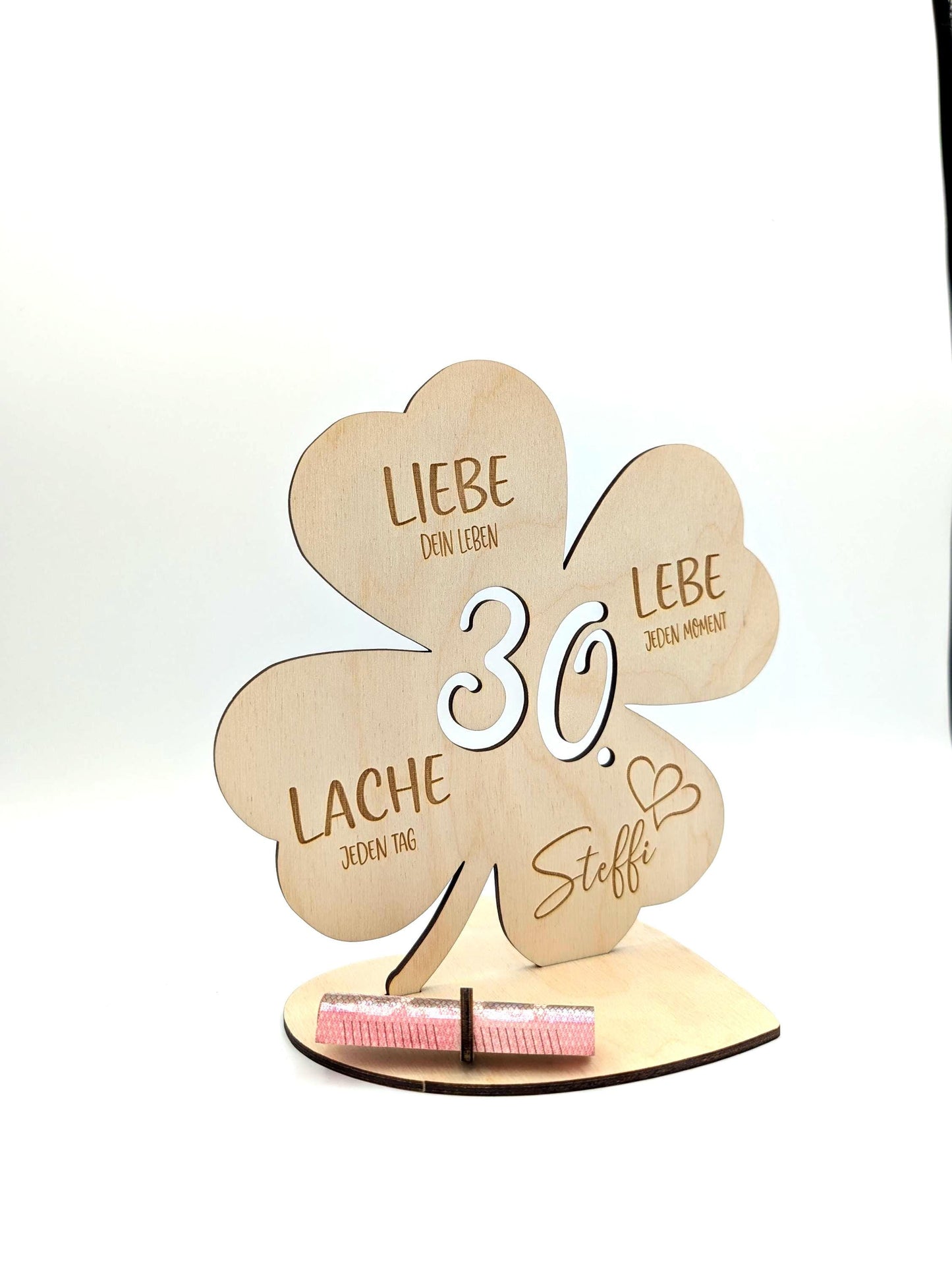 Geldgeschenk Kleeblatt Holz 30. Geburtstag, 12,5cm oder 18,0cm, Geldgeschenk auf Wunsch mit Namensgravur