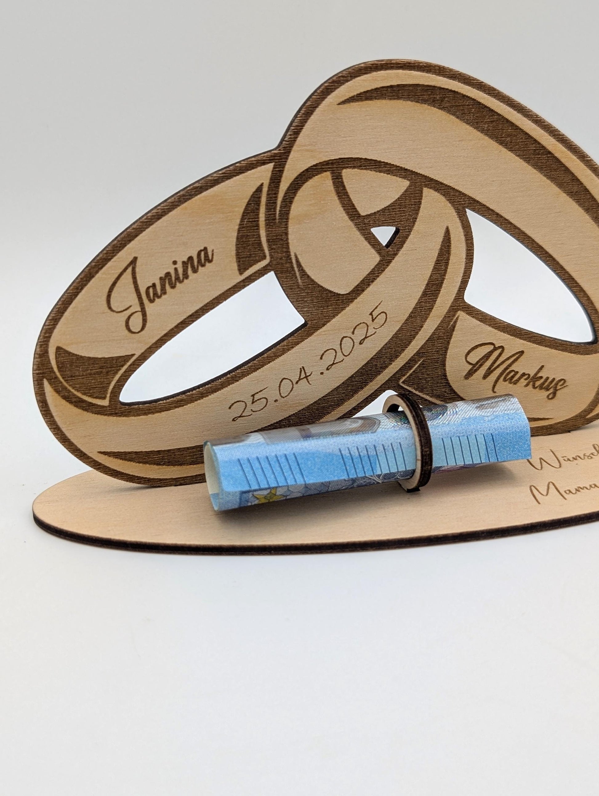 Geldgeschenk aus Holz zur Hochzeit, Personalisiert