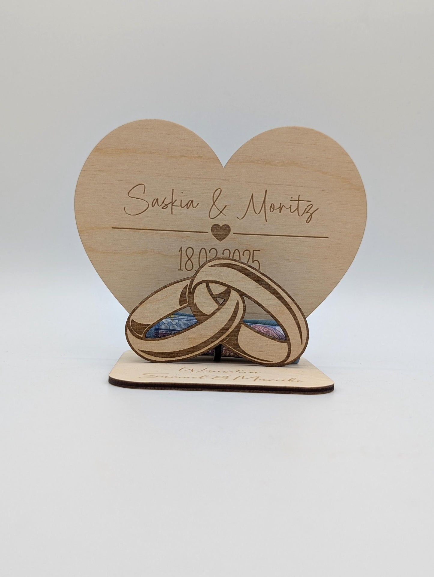 Geldgeschenk aus Holz zur Hochzeit, Personalisiert