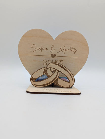Geldgeschenk aus Holz zur Hochzeit, Personalisiert