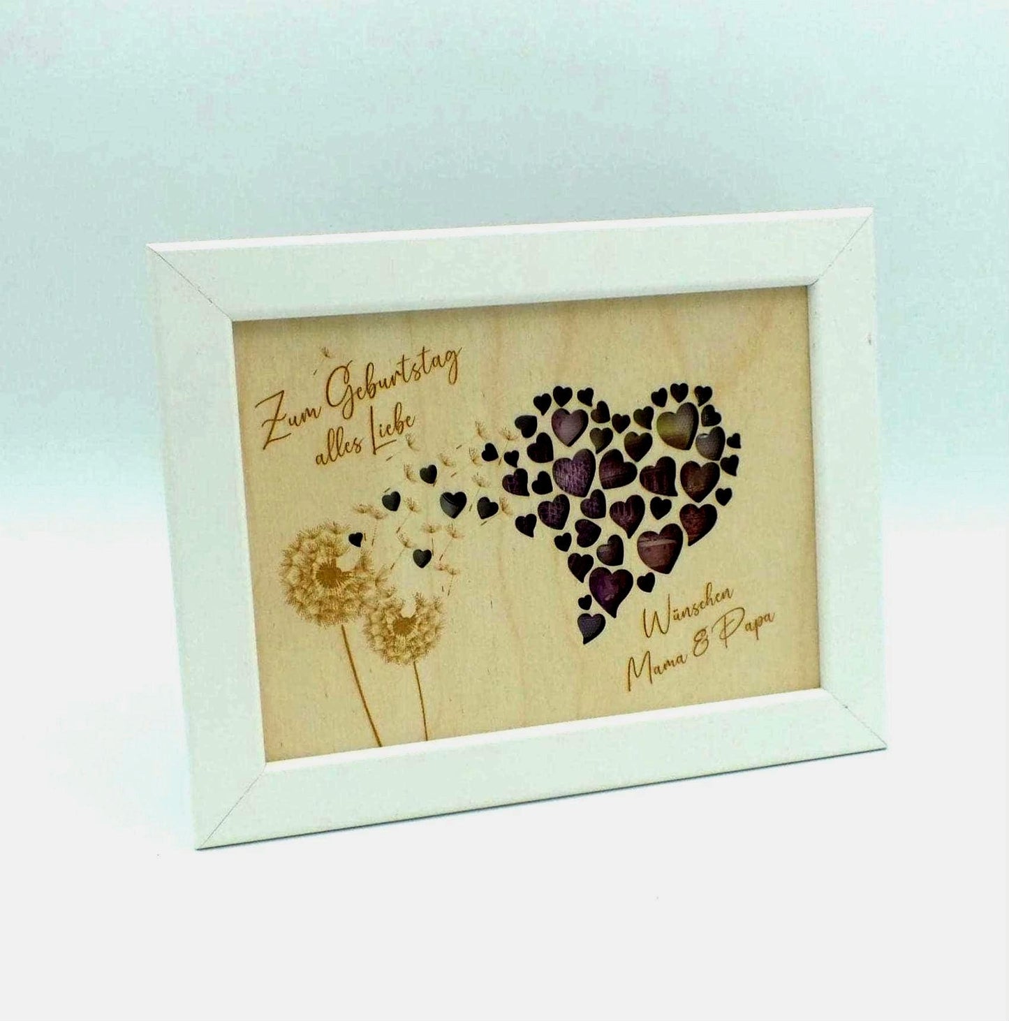 Geldgeschenk im Bilderrahmen zum Geburtstag oder Hochzeit, Herzmotiv mit Pusteblume, Größe wählbar, Größe: 13 x 18 cm oder 21 x 30 cm
