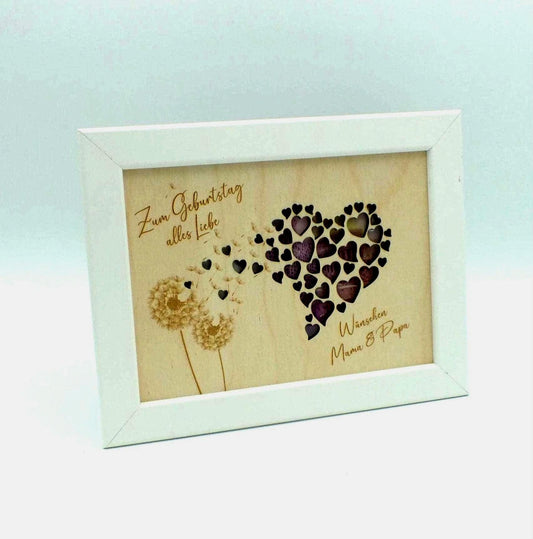 Geldgeschenk im Bilderrahmen zum Geburtstag oder Hochzeit, Herzmotiv mit Pusteblume, Größe wählbar, Größe: 13 x 18 cm oder 21 x 30 cm