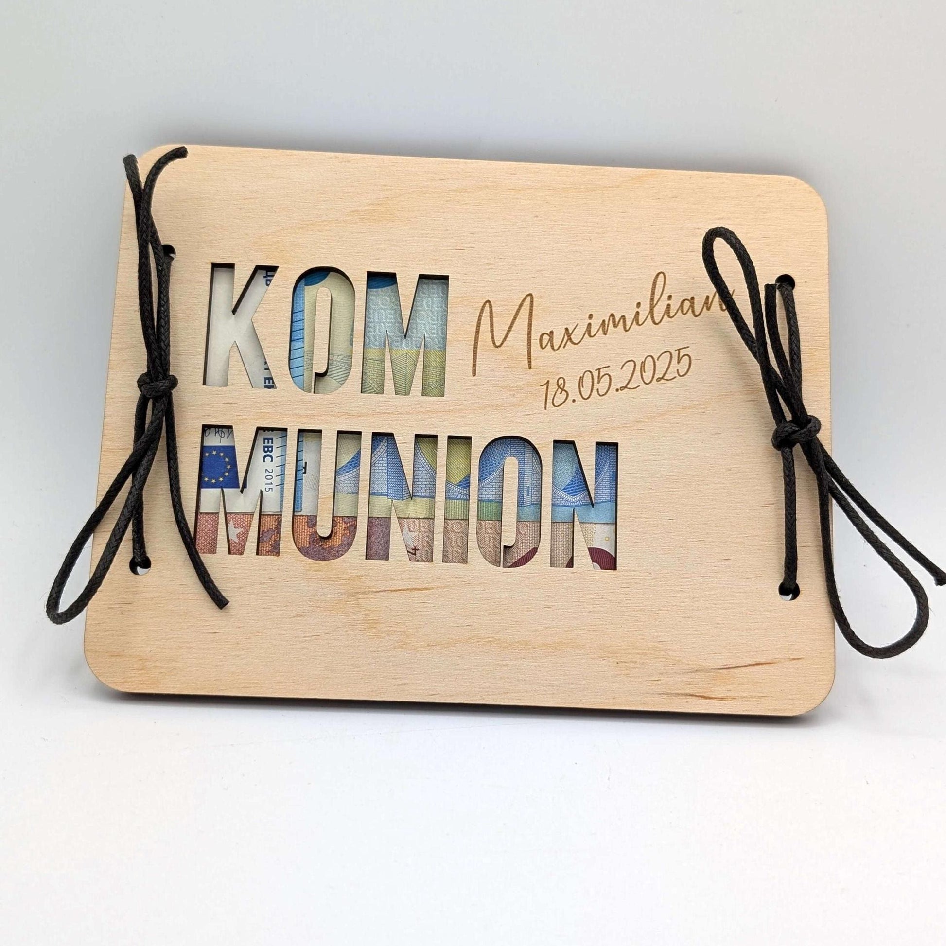 Geldgeschenk, Geschenkkarte aus Birkenholz zur Kommunion, Personalisierte Geschenkidee