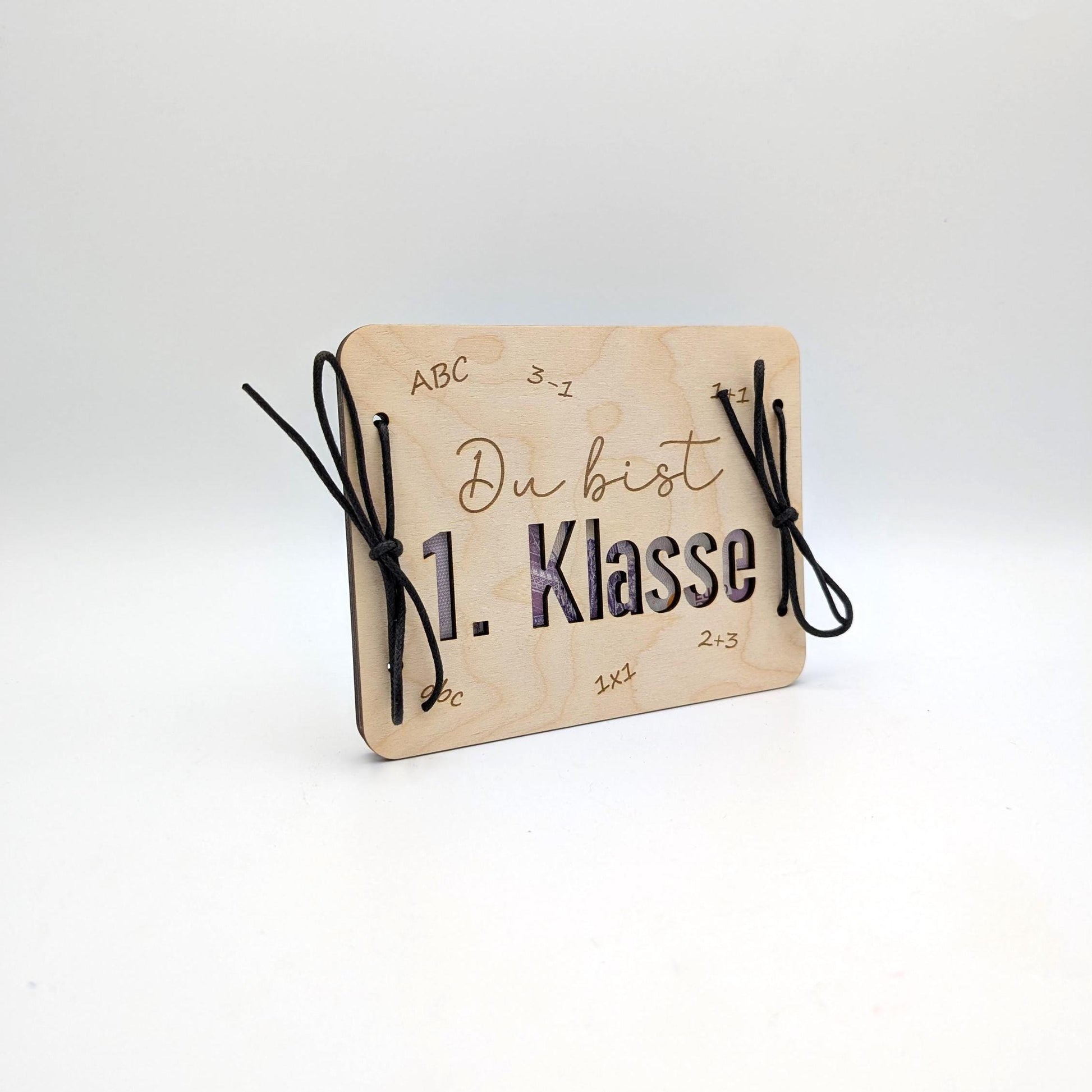 Geldgeschenk zur Einschulung, Geschenkkarte aus Holz zum Verschenken von Geld.