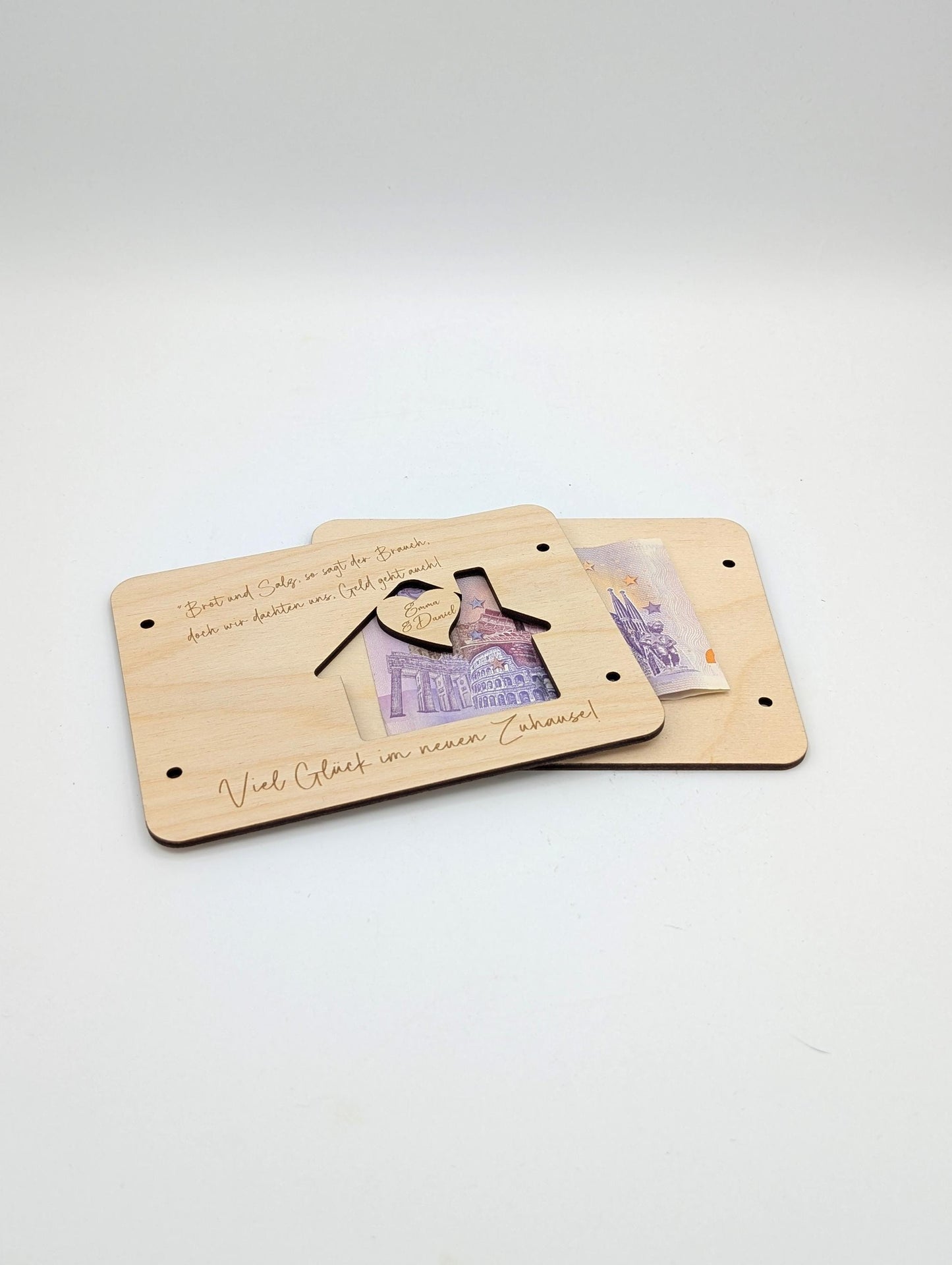 Geldgeschenk zum Einzug ins Eigenheim, Umzug oder zur Einweihungsfeier, personalisiert mit Namen, Geschenkidee als Karte aus Holz