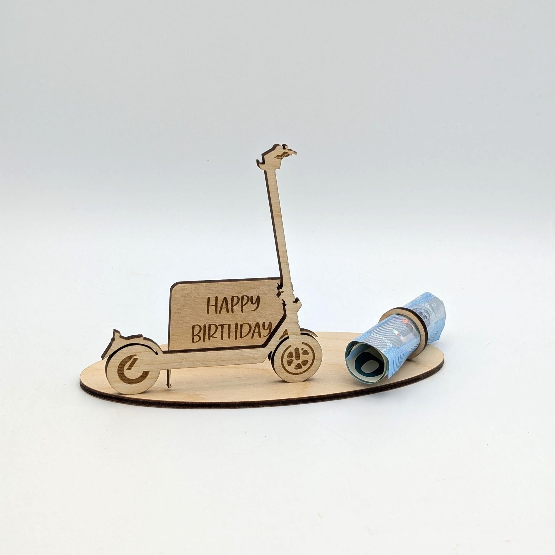 Geldgeschenk E-Scooter zum Geburtstag, Geschenkidee Personalisiert aus Holz zum Jubiläum, als Geburtstagsgeschenk, Stilvoll Geld schenken