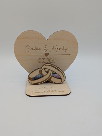 Geldgeschenk aus Holz zur Hochzeit, Personalisiert mit Namen und Datum