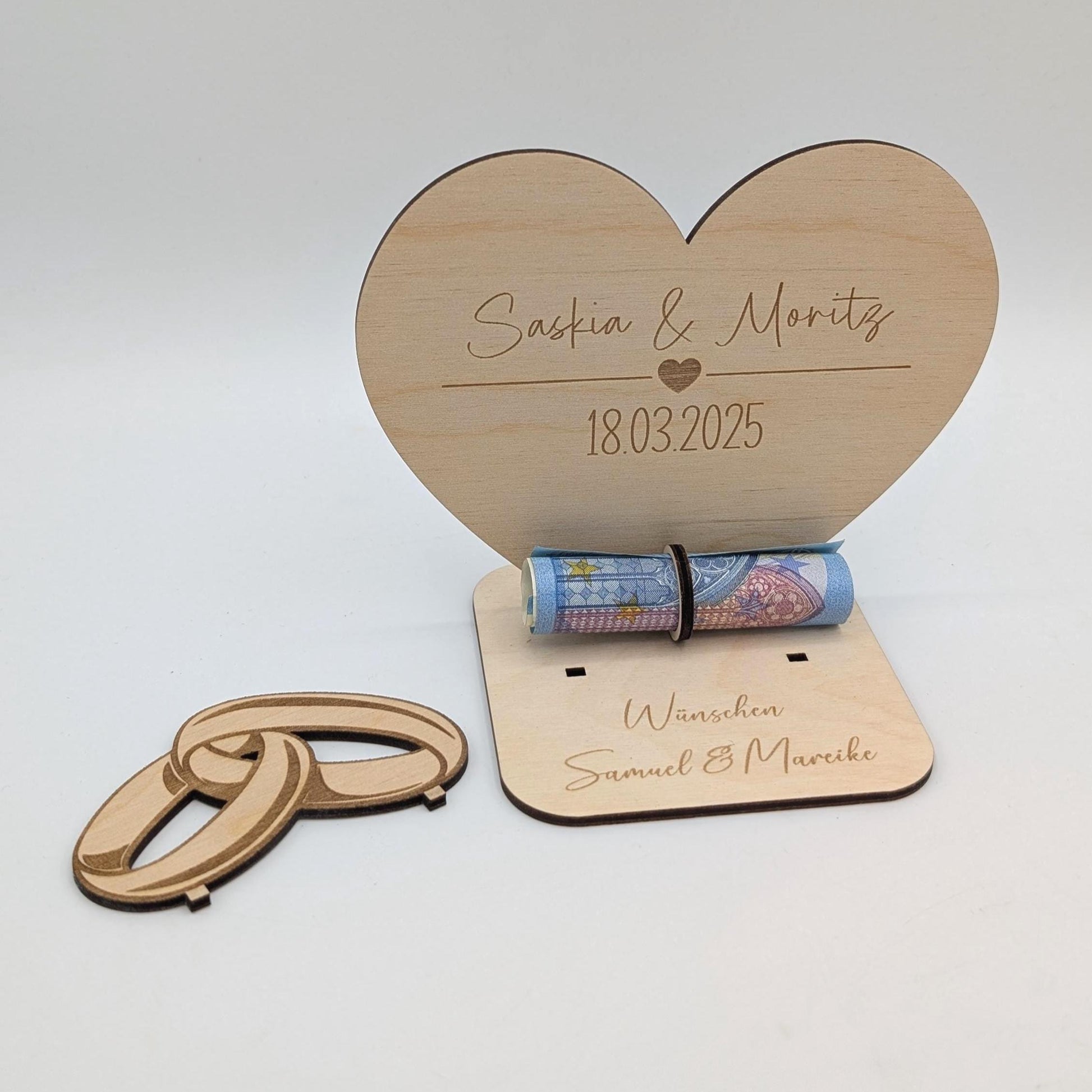 Geldgeschenk aus Holz zur Hochzeit, Personalisiert