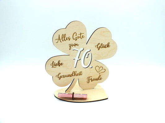 Geldgeschenk Kleeblatt Holz 70. Geburtstag, 12,5cm oder 18,0cm, Geldgeschenk auf Wunsch mit Namensgravur