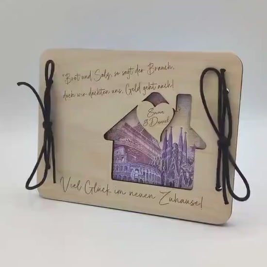 Geldgeschenk zum Einzug ins Eigenheim, Umzug oder zur Einweihungsfeier, personalisiert mit Namen, Geschenkidee als Karte aus Holz