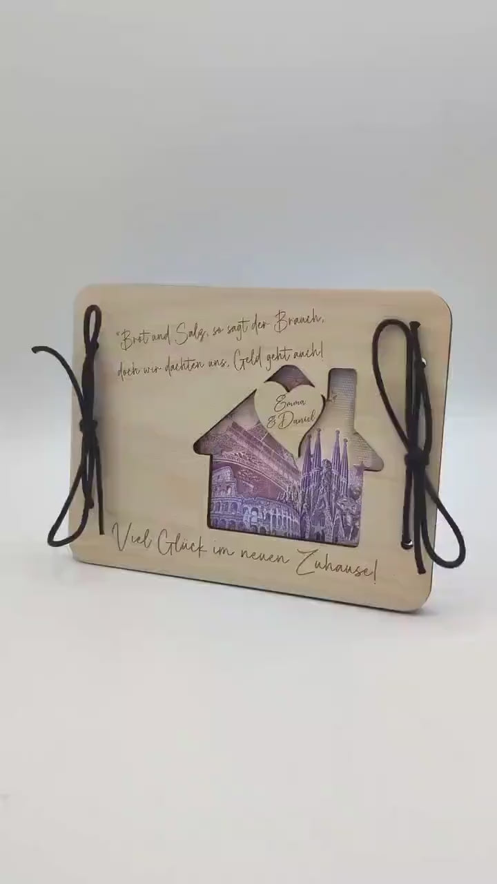 Geldgeschenk zum Einzug ins Eigenheim, Umzug oder zur Einweihungsfeier, personalisiert mit Namen, Geschenkidee als Karte aus Holz