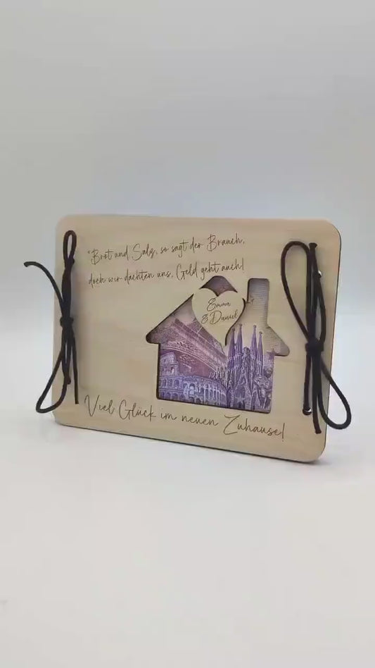Geldgeschenk zum Einzug ins Eigenheim, Umzug oder zur Einweihungsfeier, personalisiert mit Namen, Geschenkidee als Karte aus Holz