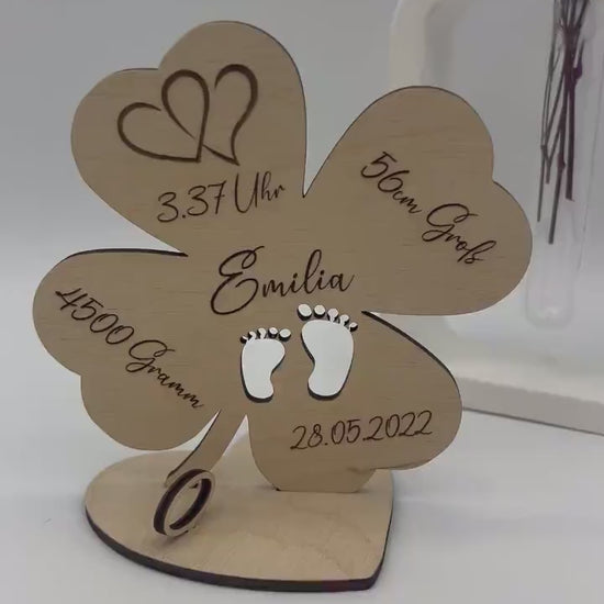 Geldgeschenk Geburt, Schwangerschaft, Kleeblatt aus Holz, mit Gebutsdaten, Geschenke zu Nachwuchs, zur Babyparty oder Taufe