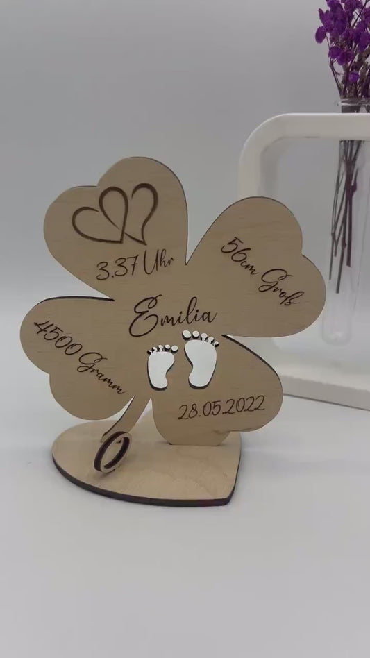 Geldgeschenk Geburt, Schwangerschaft, Kleeblatt aus Holz, mit Gebutsdaten, Geschenke zu Nachwuchs, zur Babyparty oder Taufe