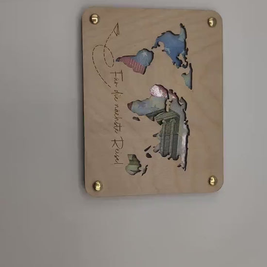 Geldgeschenk Weltkarte, Geschenkkarte zur Hochzeit, Geschenkidee Personalisiert für Geburtstag, Holzkarte, Reisekasse, Geschenk