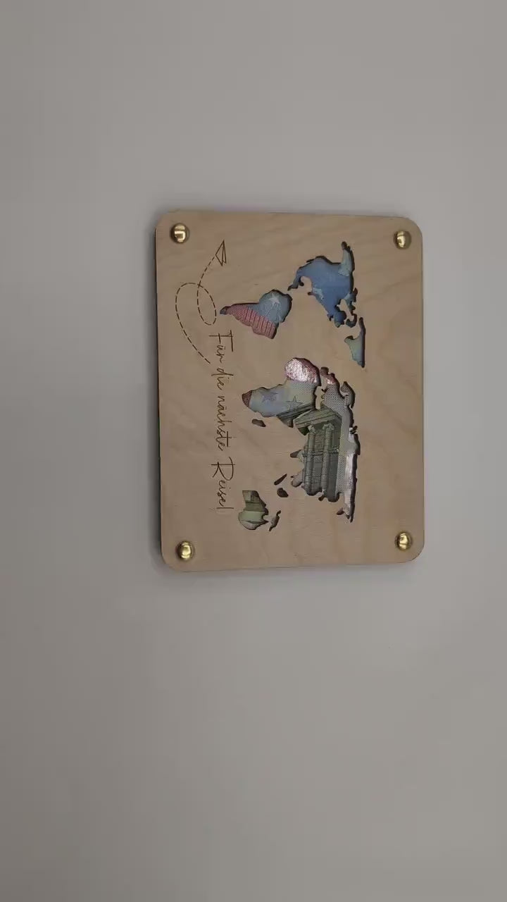Geldgeschenk Weltkarte, Geschenkkarte zur Hochzeit, Geschenkidee Personalisiert für Geburtstag, Holzkarte, Reisekasse, Geschenk