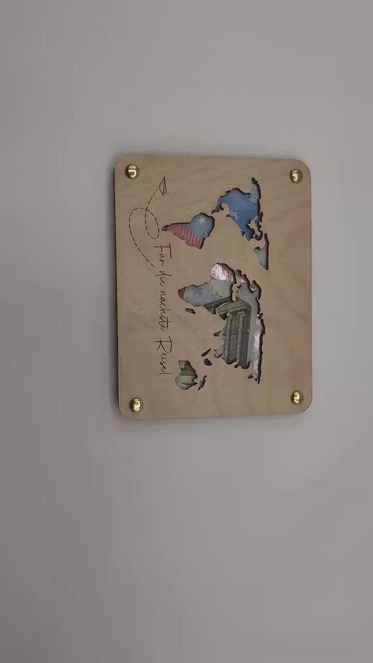 Geldgeschenk Weltkarte, Geschenkkarte zur Hochzeit, Geschenkidee Personalisiert für Geburtstag, Holzkarte, Reisekasse, Geschenk