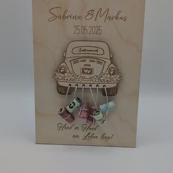 Hochzeitsgeschenk, Kreatives Geldgeschenk zur Hochzeit, Personalisiertes Holzschild mit Auto, Hochzeitsgeldgeschenk, Geld verschenken