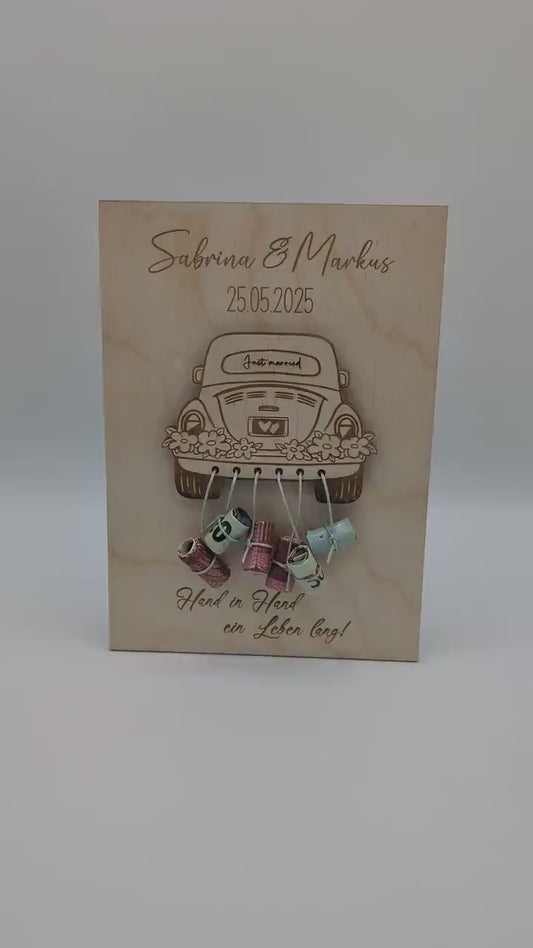 Hochzeitsgeschenk, Kreatives Geldgeschenk zur Hochzeit, Personalisiertes Holzschild mit Auto, Hochzeitsgeldgeschenk, Geld verschenken