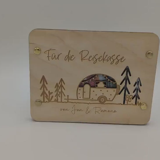 Geldgeschenk für Camper aus Holz | Geschenkkarte | Personalisiert | Geschenkidee für Reise | Holzkarte | Urlaubsgeld | Reisekasse | Geschenk