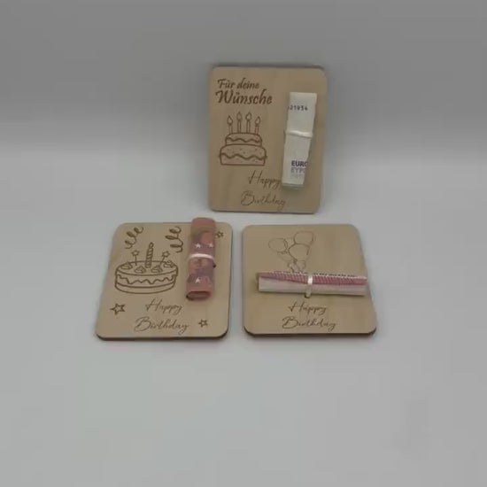 Holzkarte Geldgeschenk zum Geburtstag/ Geschenkidee/ geschenverpackung/ Geld verschenke Holz/ Geburtstagsgeschenk/ Torte / Luftballons