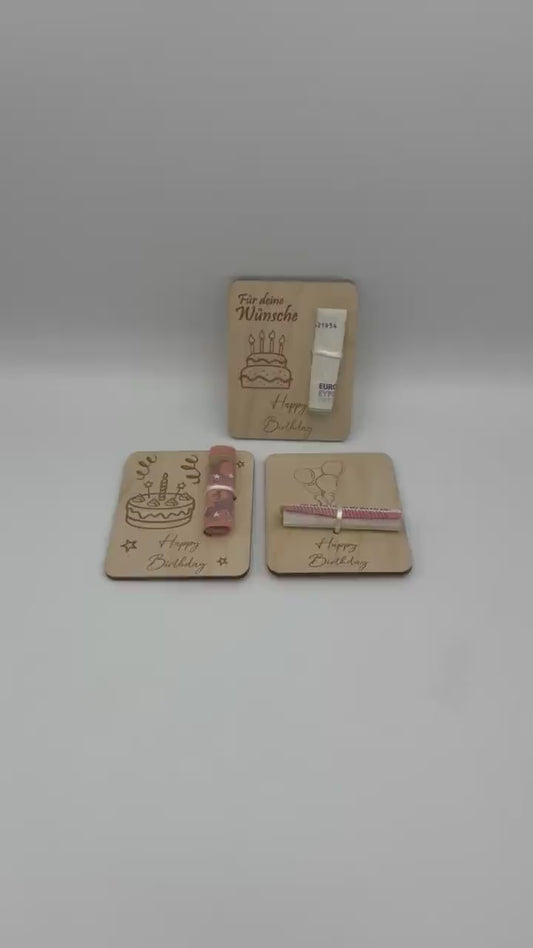 Holzkarte Geldgeschenk zum Geburtstag/ Geschenkidee/ geschenverpackung/ Geld verschenke Holz/ Geburtstagsgeschenk/ Torte / Luftballons