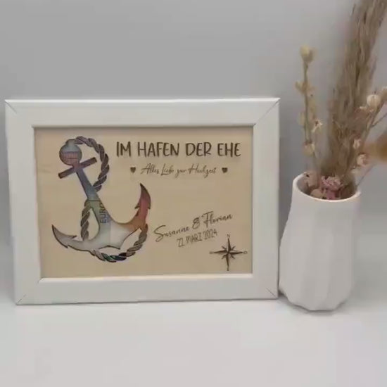 Hochzeitsgeschenk im Bilderrahmen, Geldgeschenk Anker personalisiert, Geschenk Maritim zur Hochzeit, für das Brautpaar, für Gutschein Geld