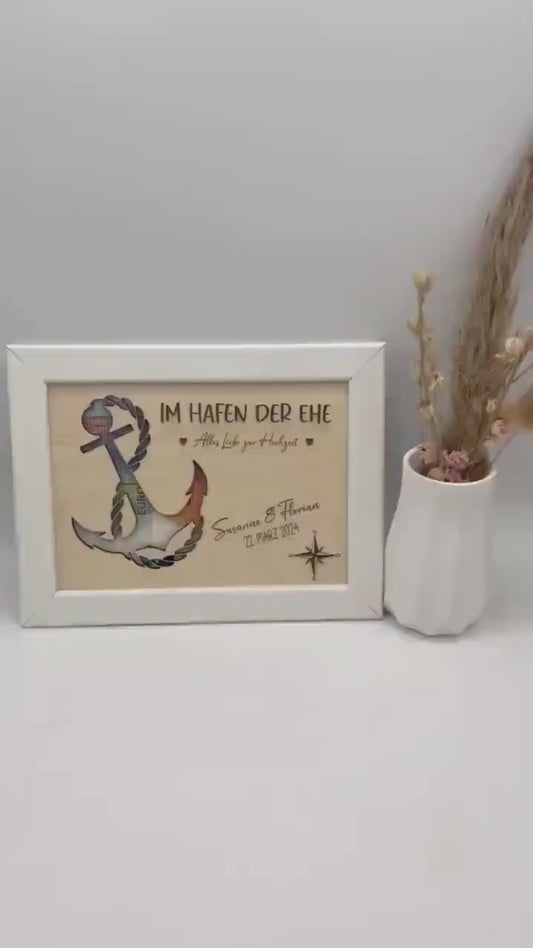 Hochzeitsgeschenk im Bilderrahmen, Geldgeschenk Anker personalisiert, Geschenk Maritim zur Hochzeit, für das Brautpaar, für Gutschein Geld