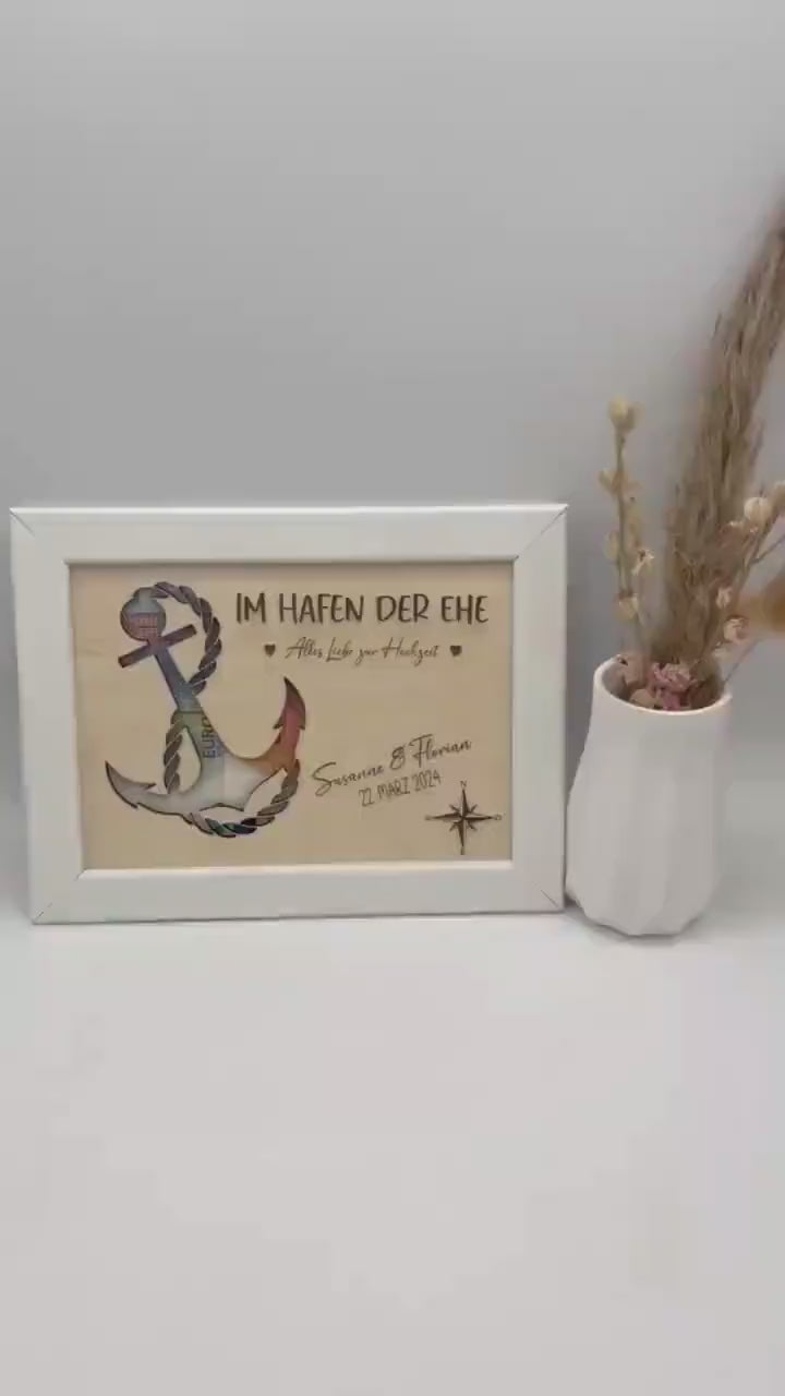 Hochzeitsgeschenk im Bilderrahmen, Geldgeschenk Anker personalisiert, Geschenk Maritim zur Hochzeit, für das Brautpaar, für Gutschein Geld