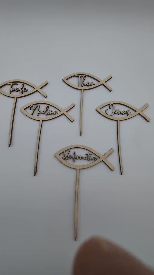 Personalisierter Blumenstecker Fisch mit Name – Tischdeko & Geschenk zur Konfirmation, Kommunion, Taufe oder andere Religiöse Anlässe