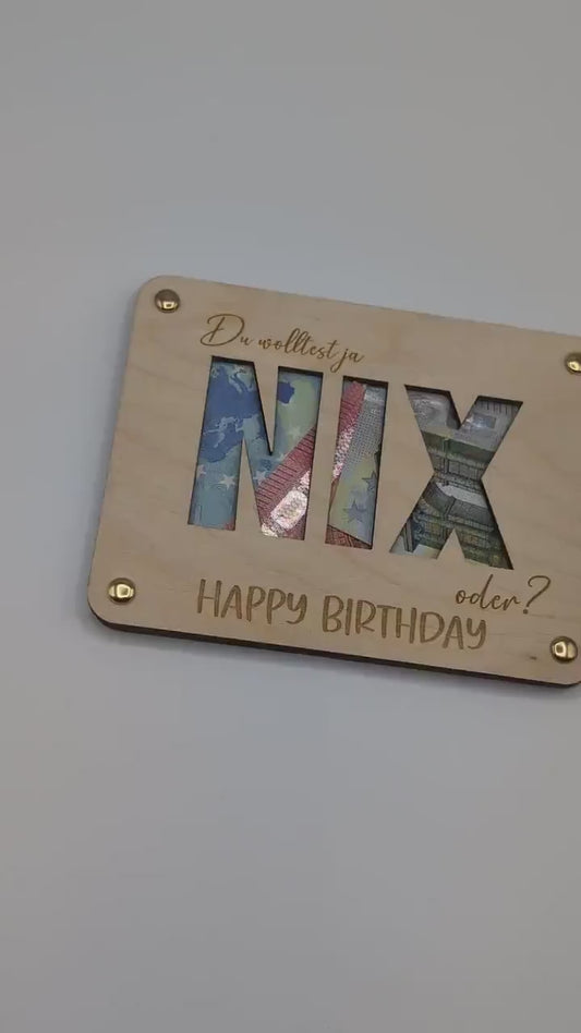 Geldgeschenk Nix aus Holz | Geschenkkarte NIX | Personalisiert | Geschenkidee für Geburtstage | Holzkarte | Lustiges Geschenk