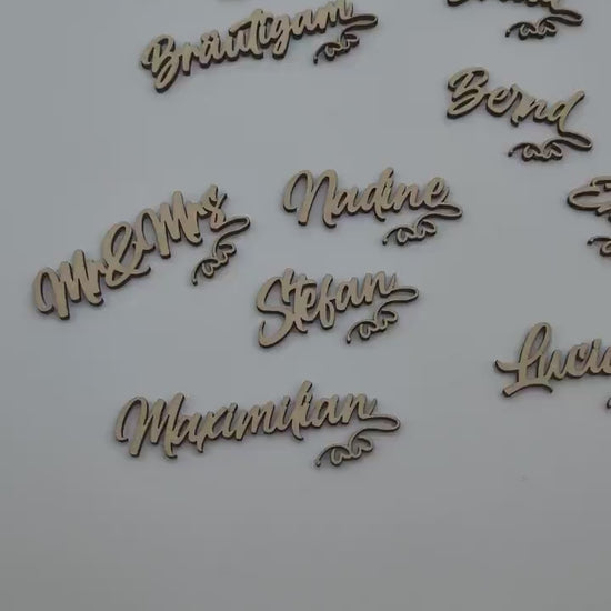 Namensschilder fürs Glas aus Holz, Namenskarten zur Hochzeit, Schriftzug, Tischdekoration, Tischdeko, personalisiert, Geburtstag, Taufe