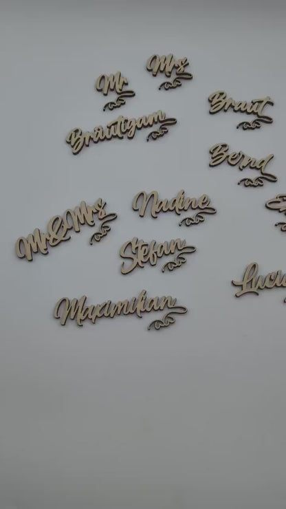Namensschilder fürs Glas aus Holz, Namenskarten zur Hochzeit, Schriftzug, Tischdekoration, Tischdeko, personalisiert, Geburtstag, Taufe