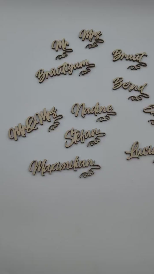 Namensschilder fürs Glas aus Holz, Namenskarten zur Hochzeit, Schriftzug, Tischdekoration, Tischdeko, personalisiert, Geburtstag, Taufe