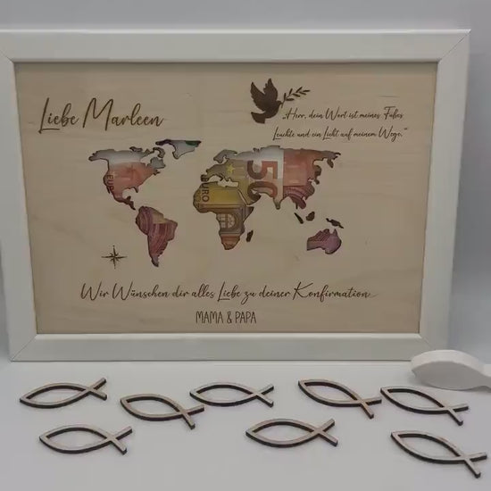 Personalisiertes Geldgeschenk zur Konfirmation, Weltkarte , Geschenk zur Taufe , Firmung, Kommunion , Erstkommunion, holz , Geschenkidee