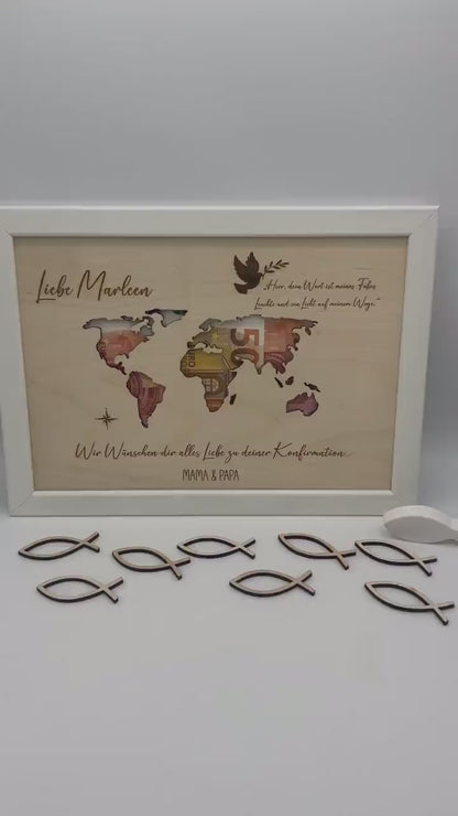 Personalisiertes Geldgeschenk zur Konfirmation, Weltkarte , Geschenk zur Taufe , Firmung, Kommunion , Erstkommunion, holz , Geschenkidee