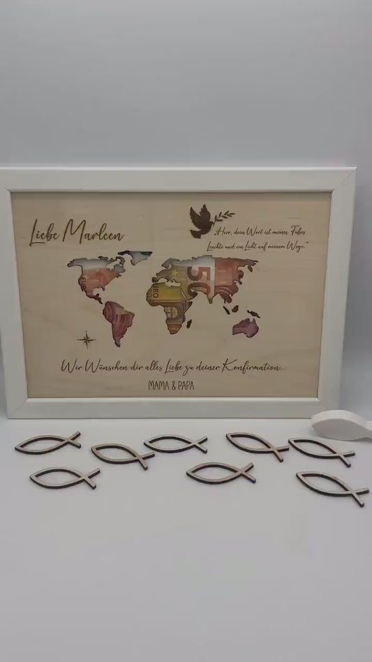 Personalisiertes Geldgeschenk zur Konfirmation, Weltkarte , Geschenk zur Taufe , Firmung, Kommunion , Erstkommunion, holz , Geschenkidee