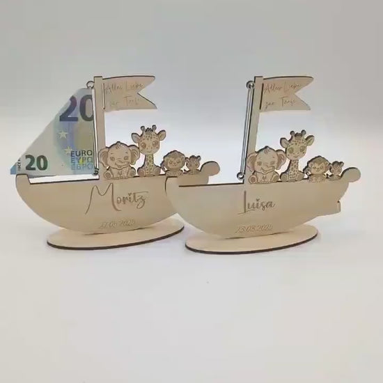 Geldgeschenk zur Geburt Personalisiert, Taufe oder zum 1. Geburtstag, Geschenkidee aus Holz, Arche Noah mit Gravur