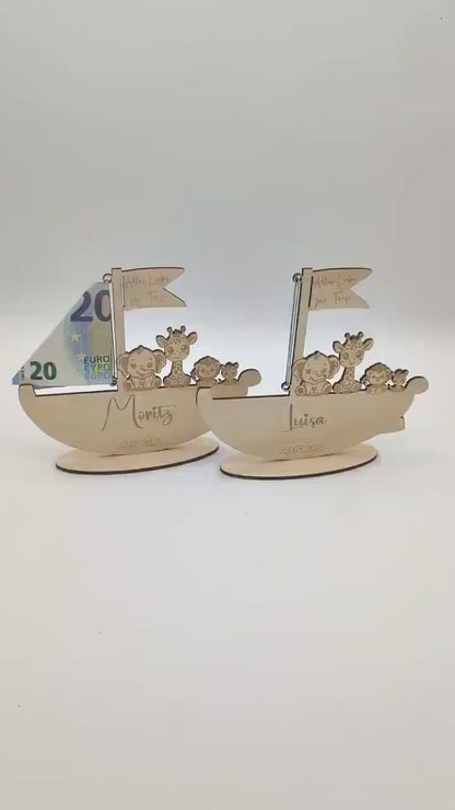 Geldgeschenk zur Geburt Personalisiert, Taufe oder zum 1. Geburtstag, Geschenkidee aus Holz, Arche Noah mit Gravur