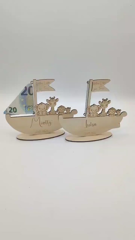 Geldgeschenk zur Geburt Personalisiert, Taufe oder zum 1. Geburtstag, Geschenkidee aus Holz, Arche Noah mit Gravur