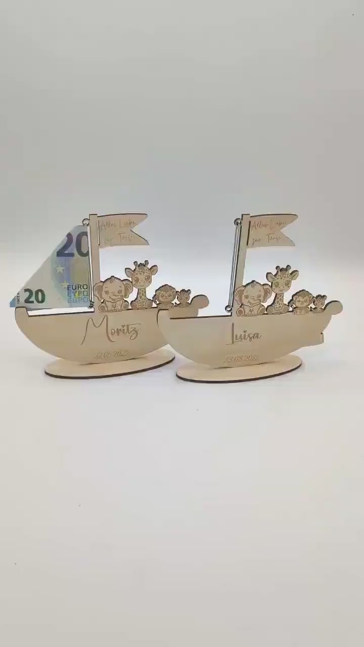 Geldgeschenk zur Geburt Personalisiert, Taufe oder zum 1. Geburtstag, Geschenkidee aus Holz, Arche Noah mit Gravur