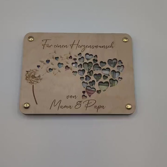 Geschenkkarte aus Holz, Geldgeschenk Pusteblume, Herzen, Personalisiert, Geschenkidee für Geburtstage einen Herzenswunsch zur Hochzeit